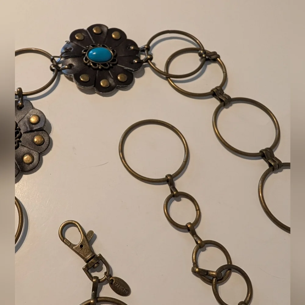 Western Belt Faux Turquoise Chain Belt,‎ leather Flower.